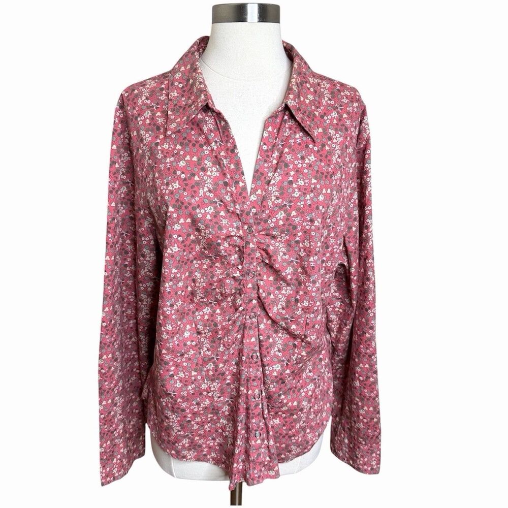 VTG Old Navy Floral Pink Snap Front Top Womens XXL Ruched V Neck Collar